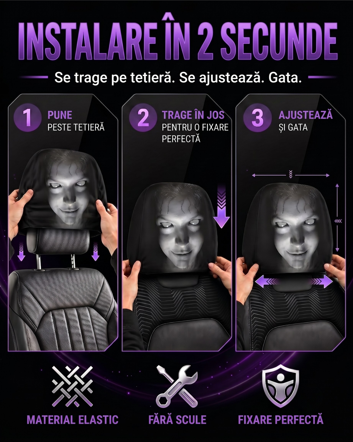 Husă Tetieră Auto Fantomă Horror, Set 2 buc.