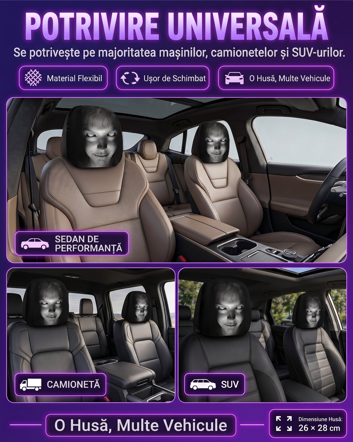 Husă Tetieră Auto Fantomă Horror, Set 2 buc.