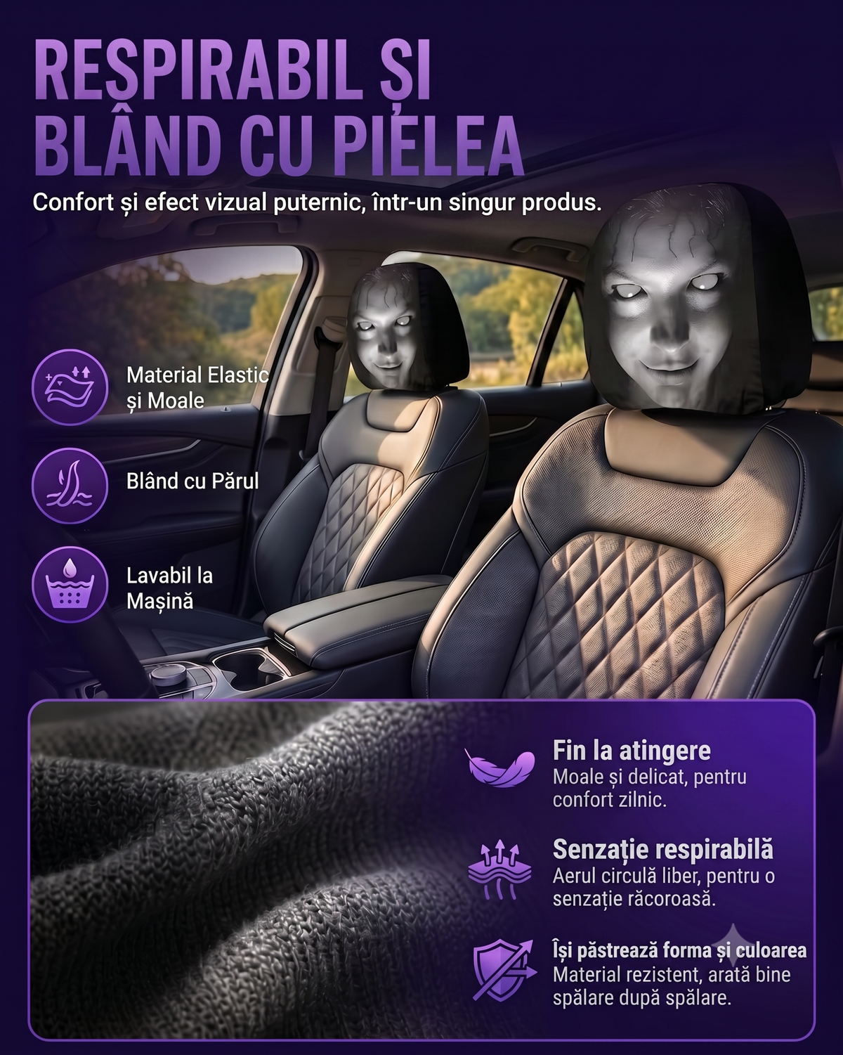 Husă Tetieră Auto Fantomă Horror, Set 2 buc.