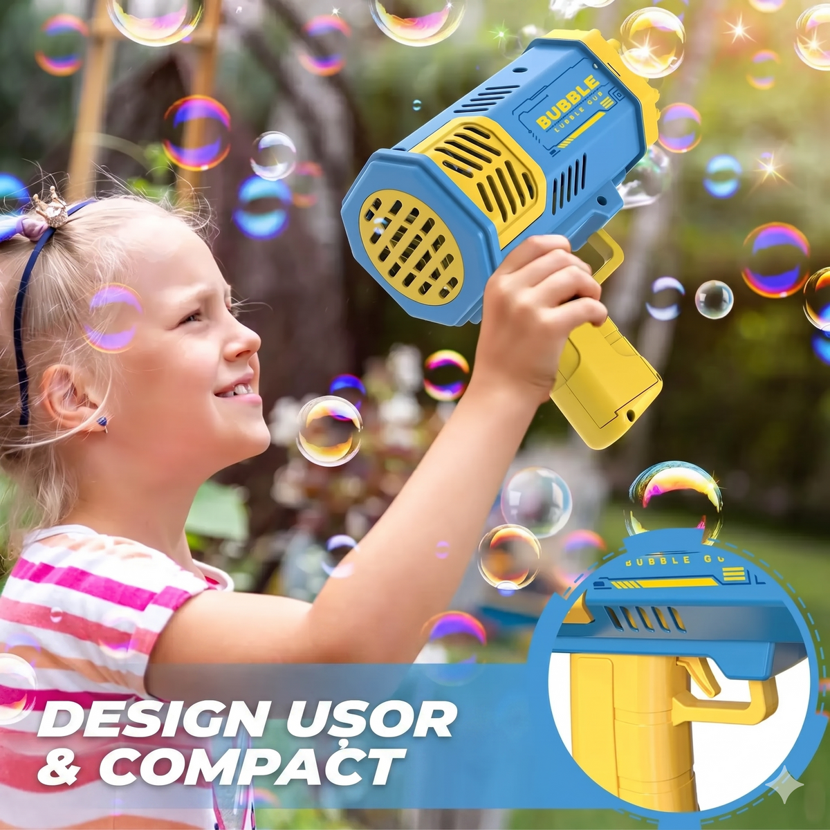BubbleBlaster Pistol Automat de Baloane pentru Copii cu Lumini LED și Două Rezervoare Incluse