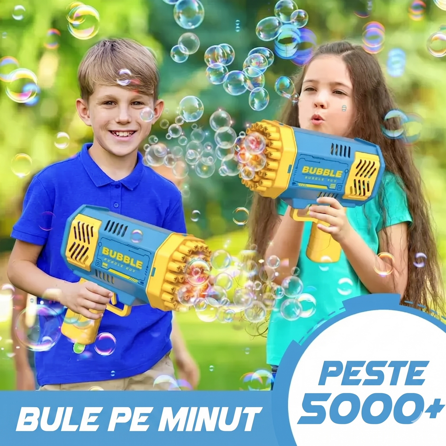 BubbleBlaster Pistol Automat de Baloane pentru Copii cu Lumini LED și Două Rezervoare Incluse