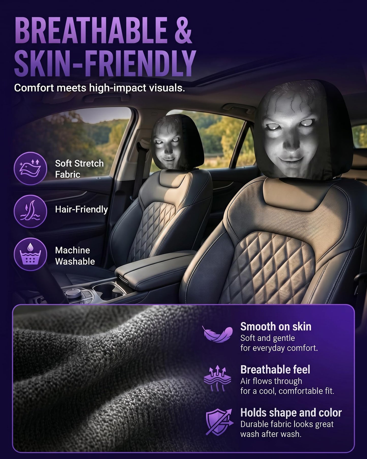 Husă Tetieră Auto Fantomă Horror, Set 2 buc.