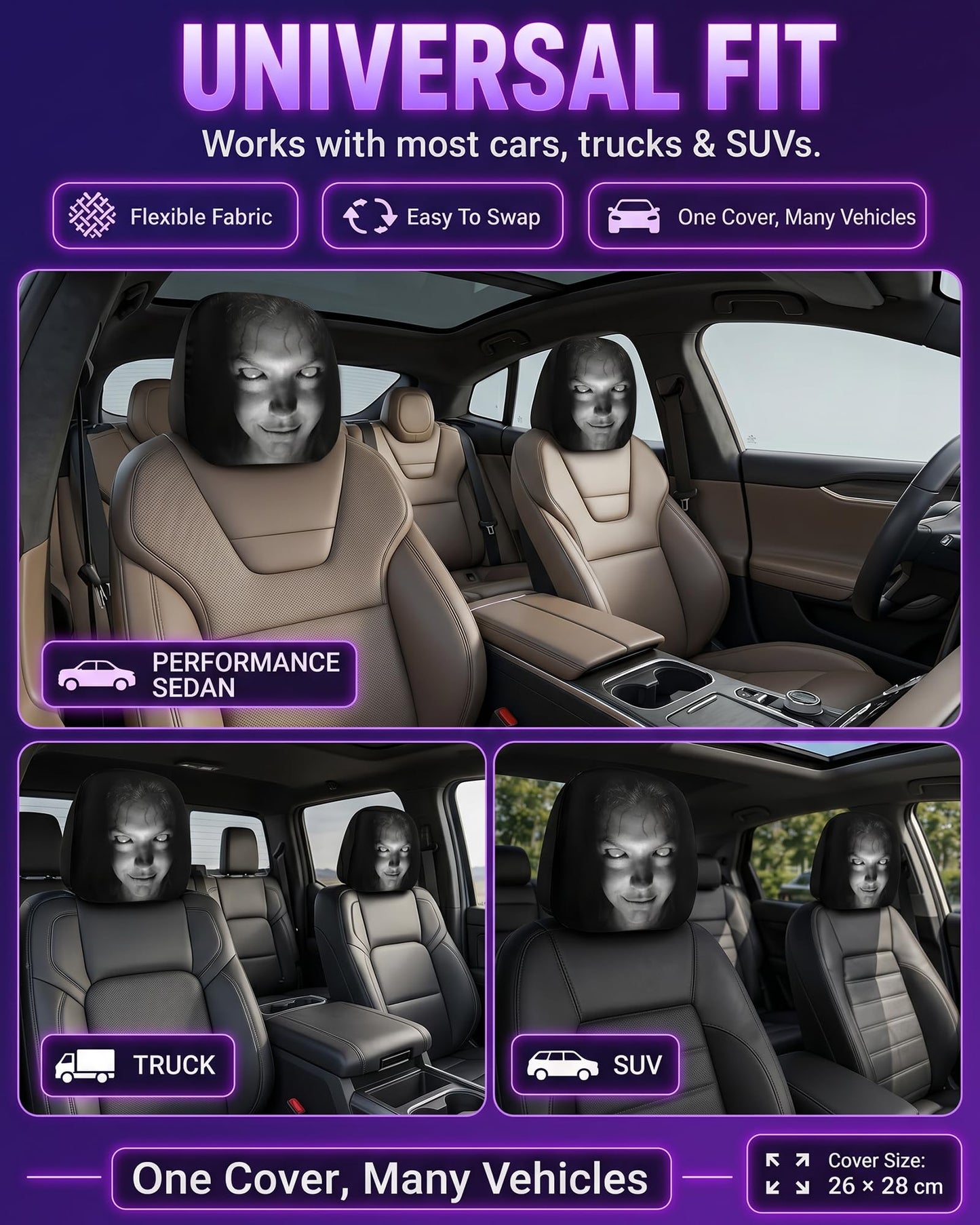 Husă Tetieră Auto Fantomă Horror, Set 2 buc.